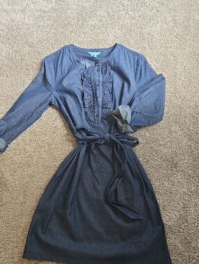 Draper James Ruffle-Front Denim Shirt Dress - Blue